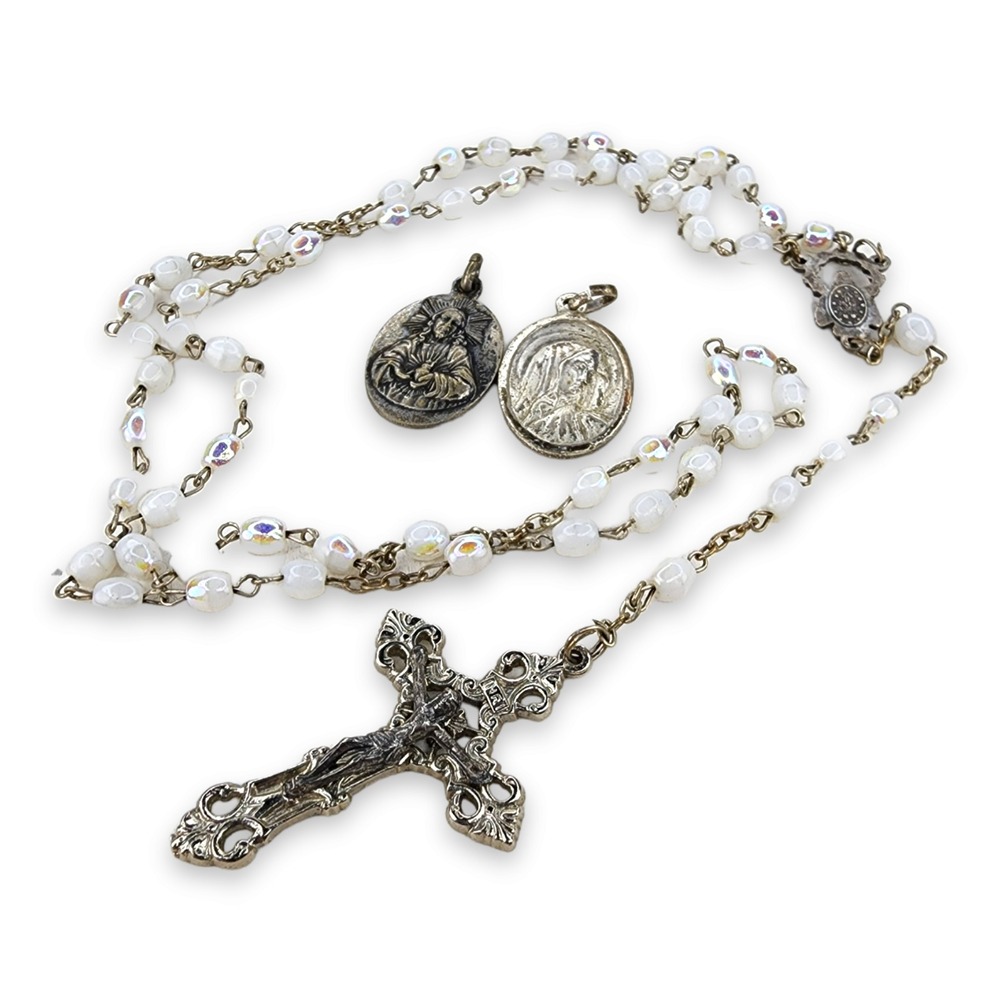 Vintage Rosary Necklace Aurora Borealis Beaded 23" White Italy Two Charms